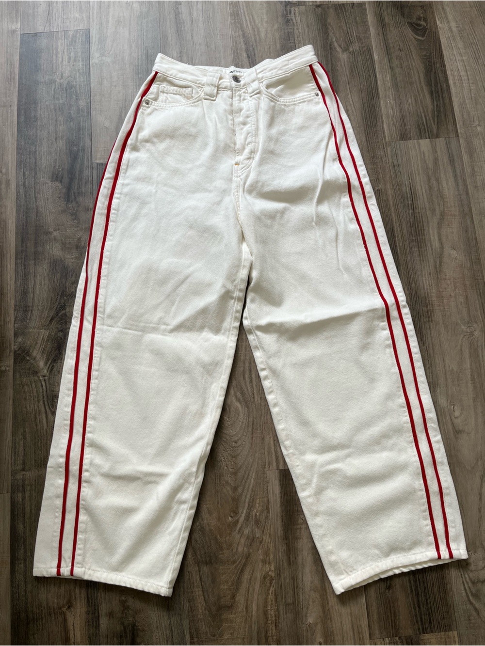 White Wide-Leg Pants with Red Side Stripes